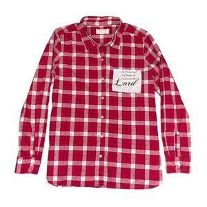 Womens Gingham Plaid Shirt L Red White Button Up Religious Christian Bible Love‎